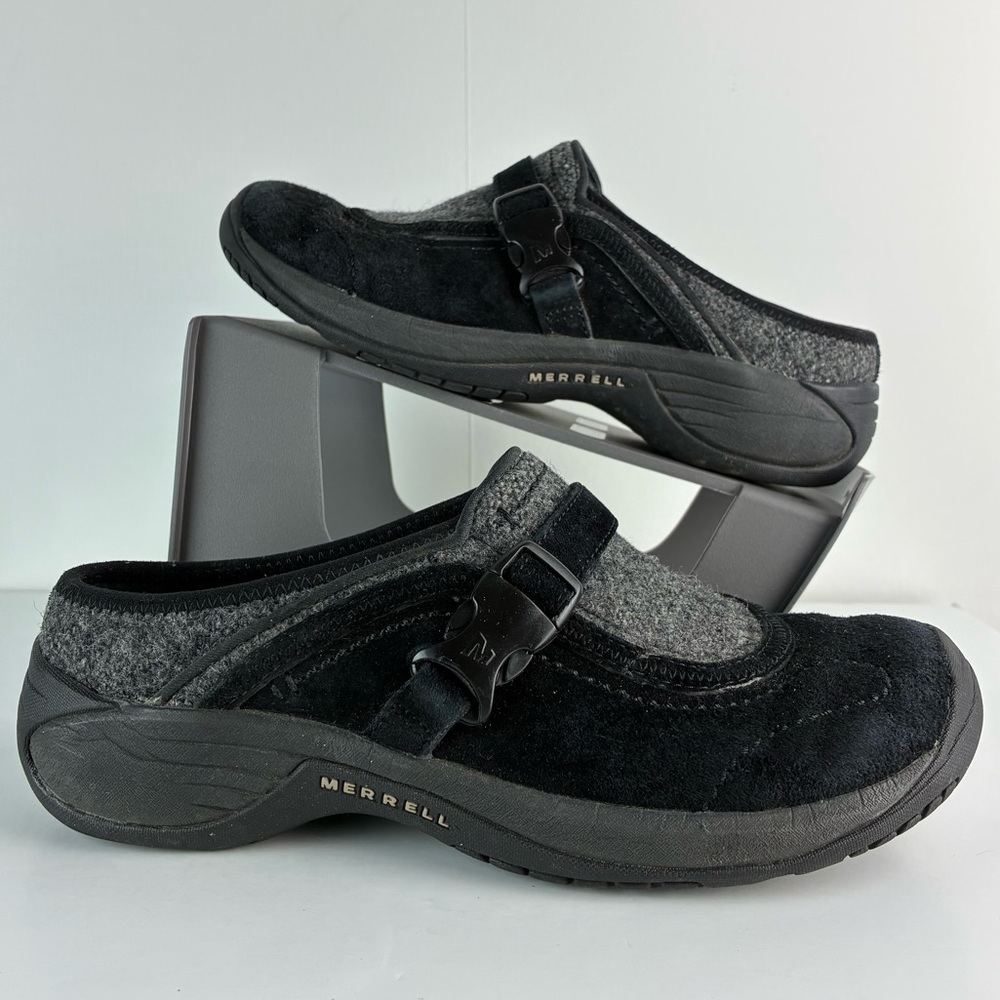 Merrell women’s black suede encore sidestep mule slip on shoes size 7.5